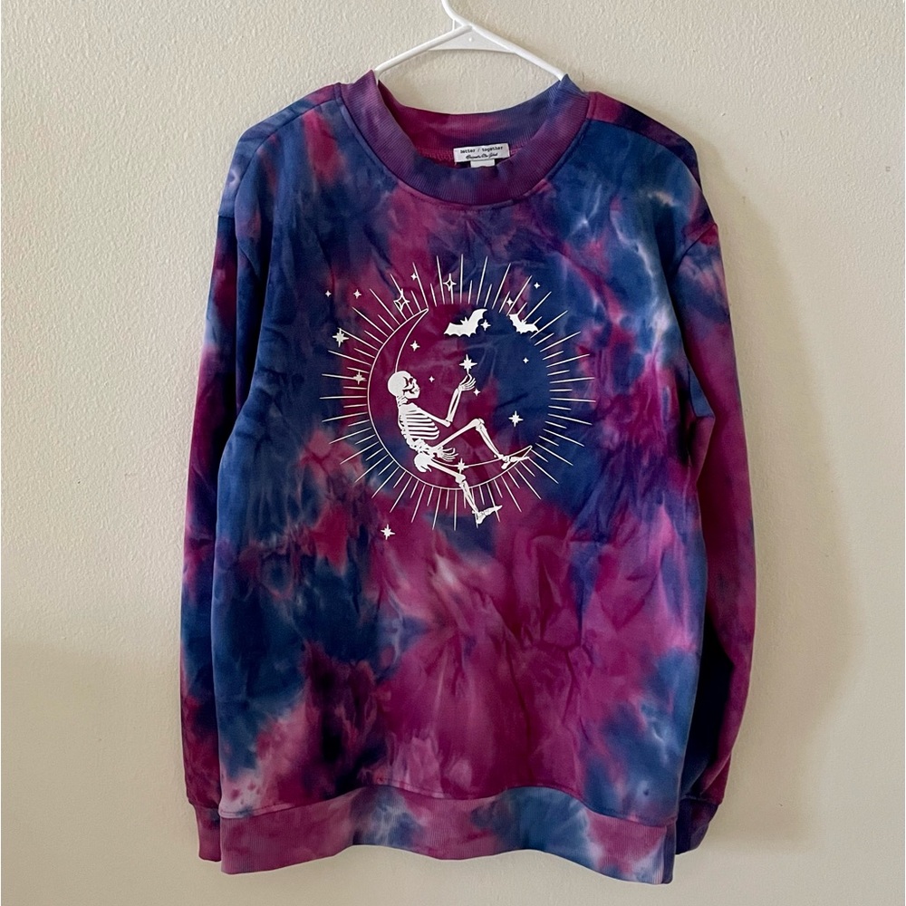 💚NWOT Skeleton Moon Better / Together Purple & Blue Tie Dye Soft Sweater
